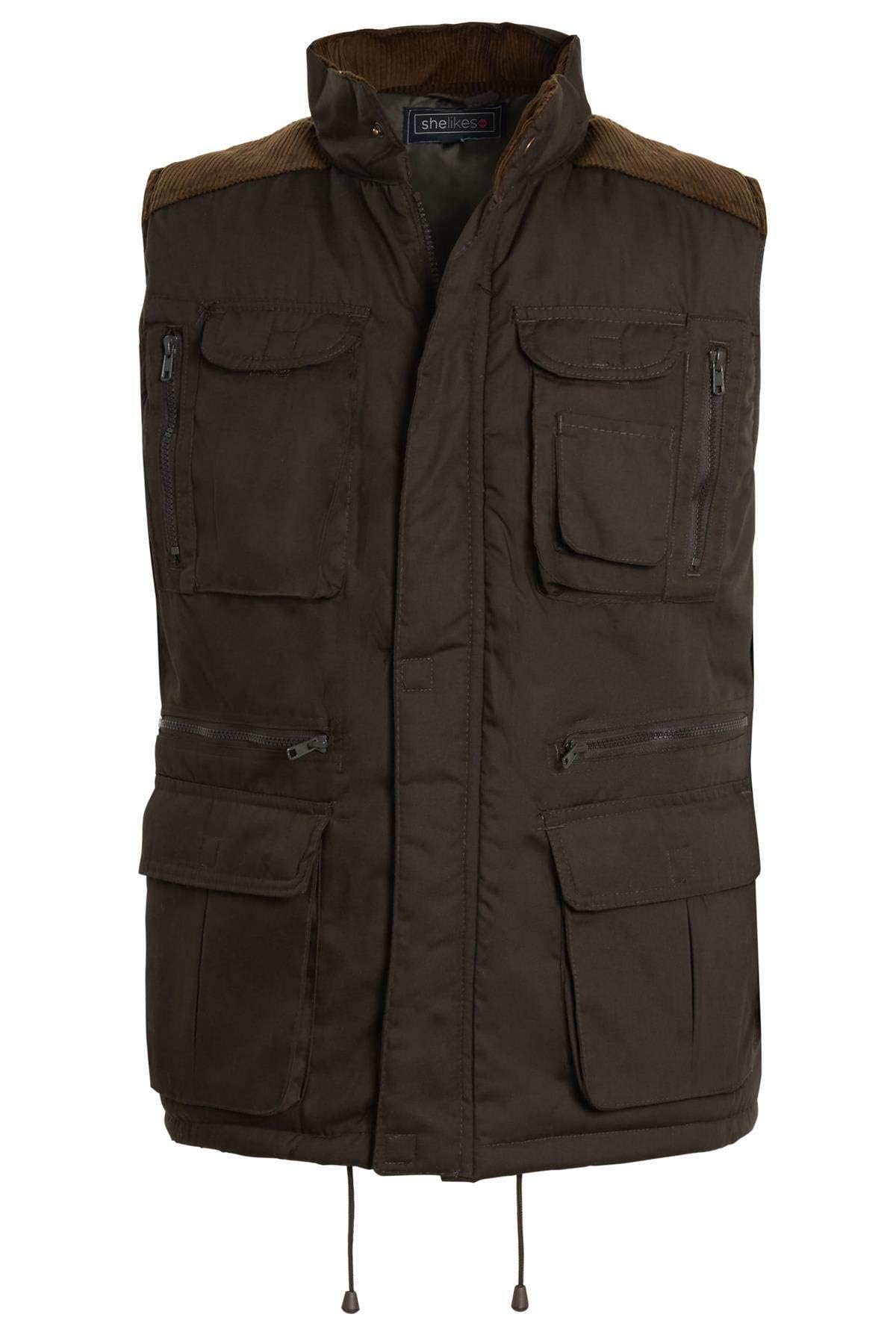 shelikes Men Gilet Body Warmer Multi Pockets Jacket Sleeveless Safari Vest Hiking Waistcoat Olive