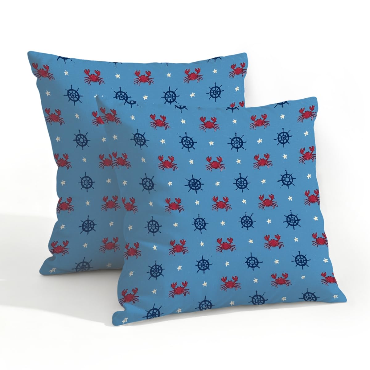 Outdoor Pillow Covers Waterproof Pillowcases 20x20in Set of 2 Cute Ocean Crabs Nautical Rudders On Blue Decorative Throw Cushion Case for Couch Sofa Garden Patio Furniture