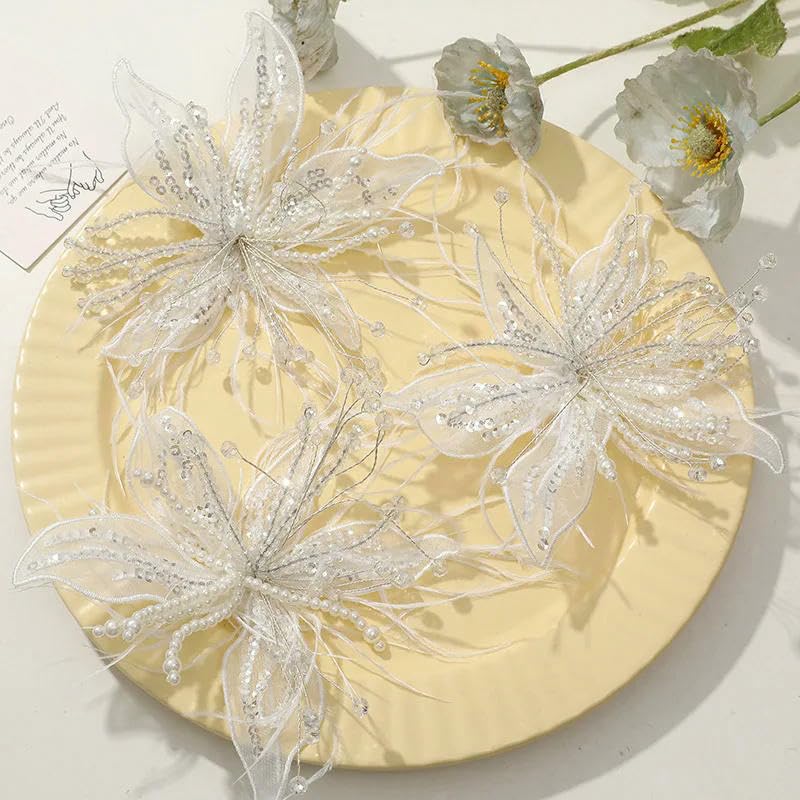 13 cm Chiffon c Fiori fatti a mano con piuma Fai da te Artigianato f Fermaglio per capelli in stoffa Compleanno matrimonio-Bianco-5 pezzi