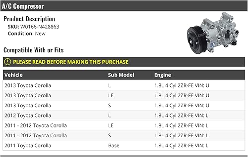 Compresor A/C - Compatible con Toyota Corolla 1.8L 2011-2013 4 cilindros