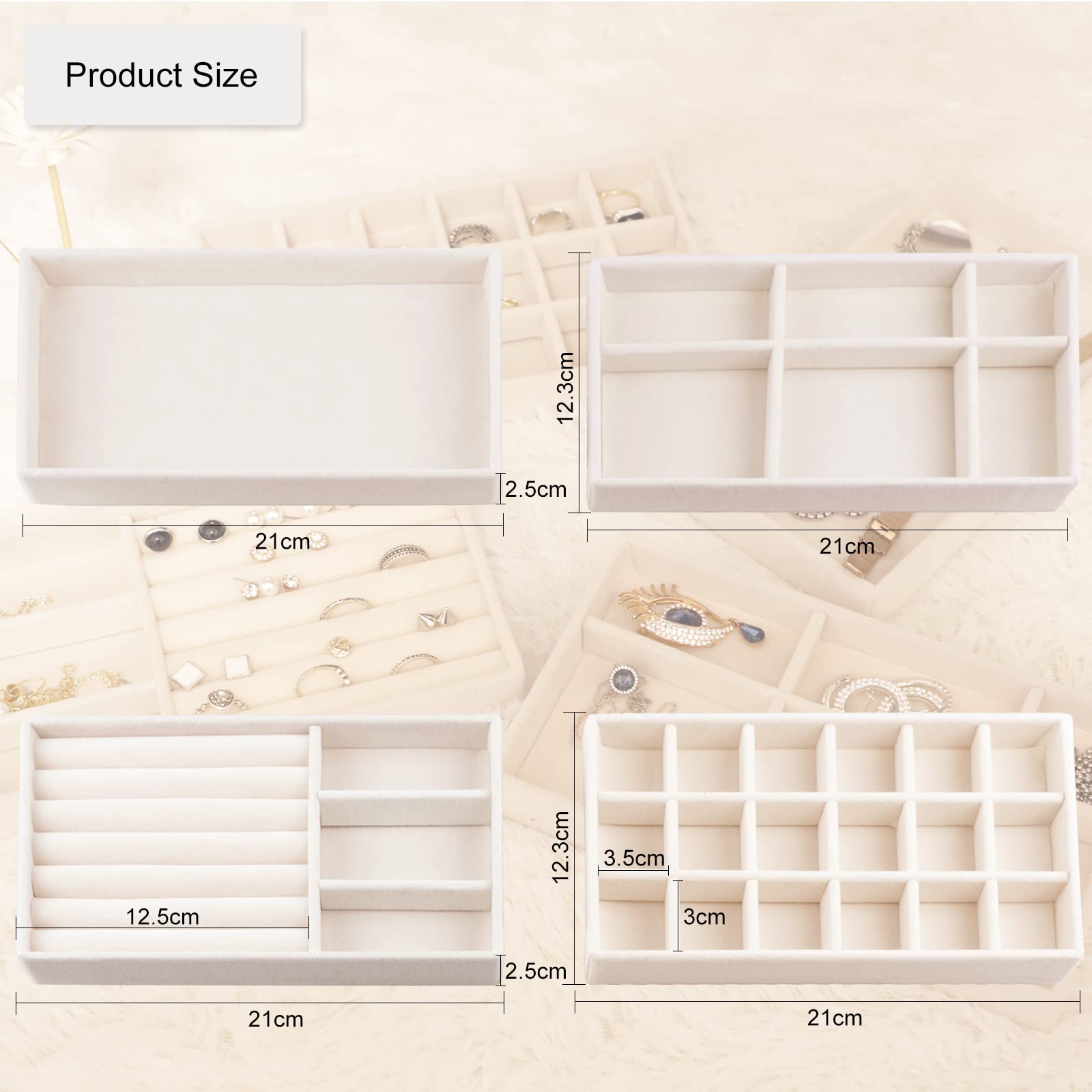 Set 4 Vassoi Organizer Per Gioielli In Velluto - Cassetti Impilabili Per Anelli, Orecchini E Collane, Colore Beige - Foto 8