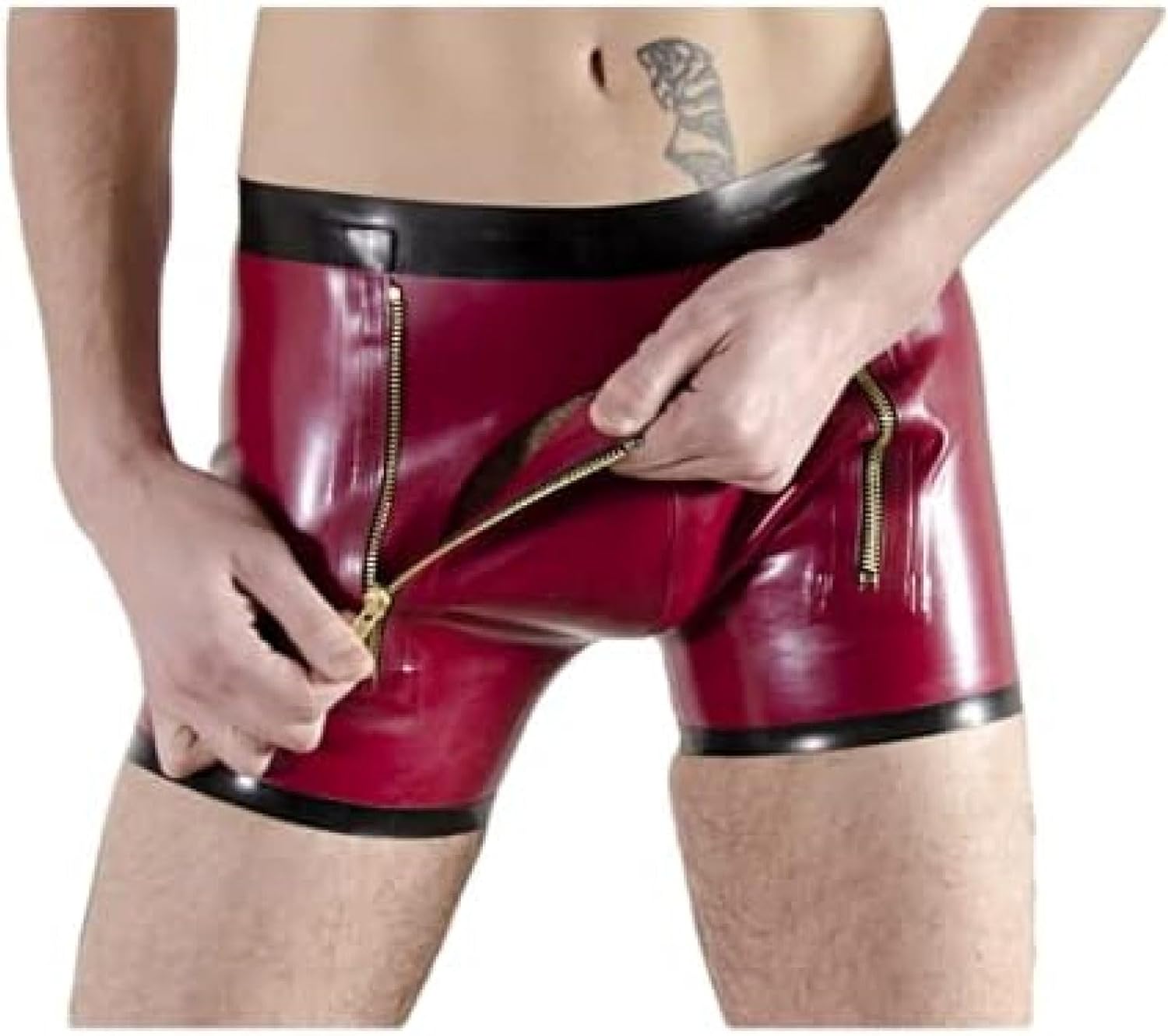 Latex Rubber Purple Sexy Boxer Shorts Zipper Beach Party Swimming Pool 0.4mm,Wine Red-Black,L