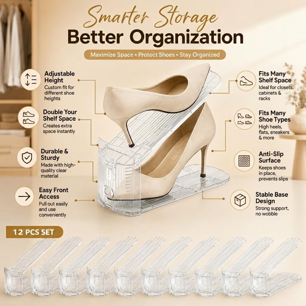 12 Pack Shoe Slot Organizer Space Saver, Adjustable 3-Height Levels Shoe Stacker for Closet Storage, Double-Layer Shoe Slots Rack Holder for Sneakers, Heels & Flats