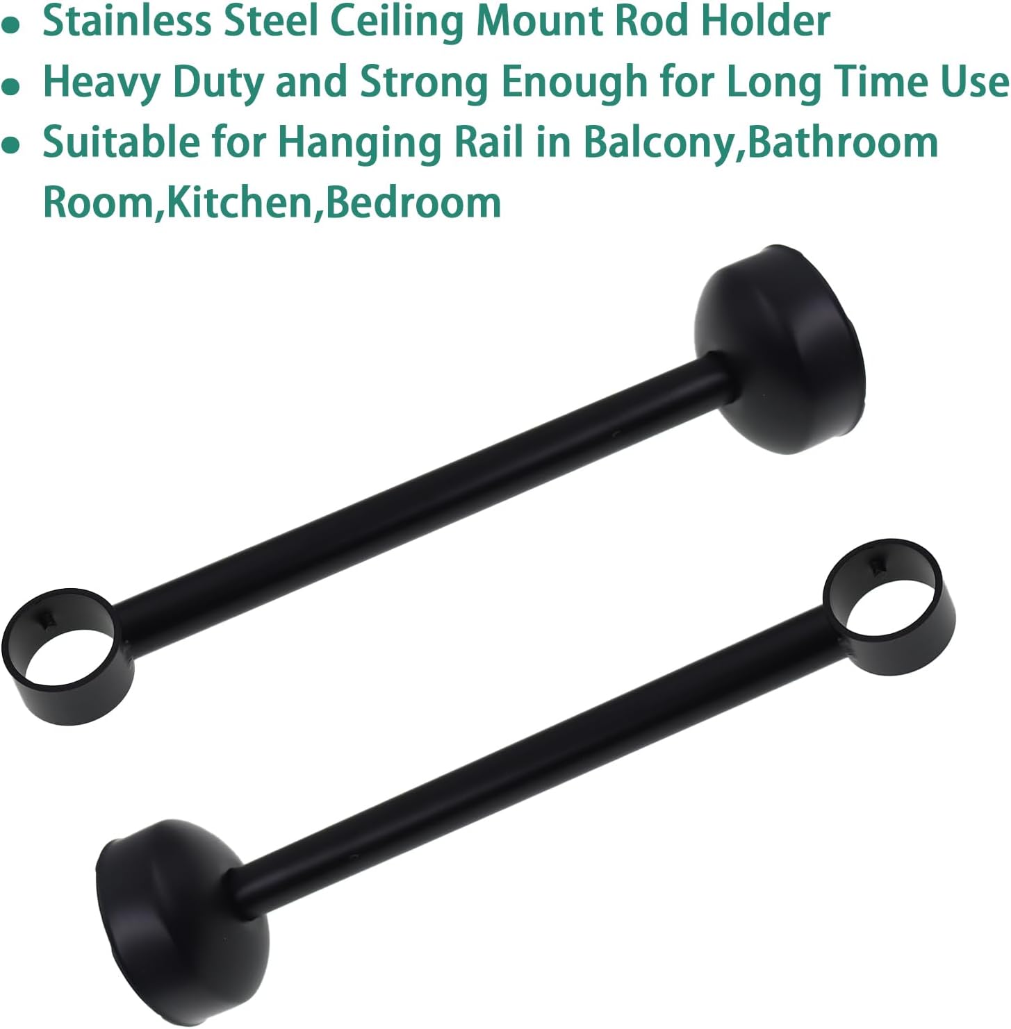 Curtain Rod Ceiling-Mount Bracket,Stainless Steel Ceiling-Mount Rod Holder,TTZEZE Heavy Duty Curtain Rod Holder,Shower Curtain Hanging Rod Supports Sockets (Black, H:30cm/11.81'' ID:2.6cm/1'' 2PCS)