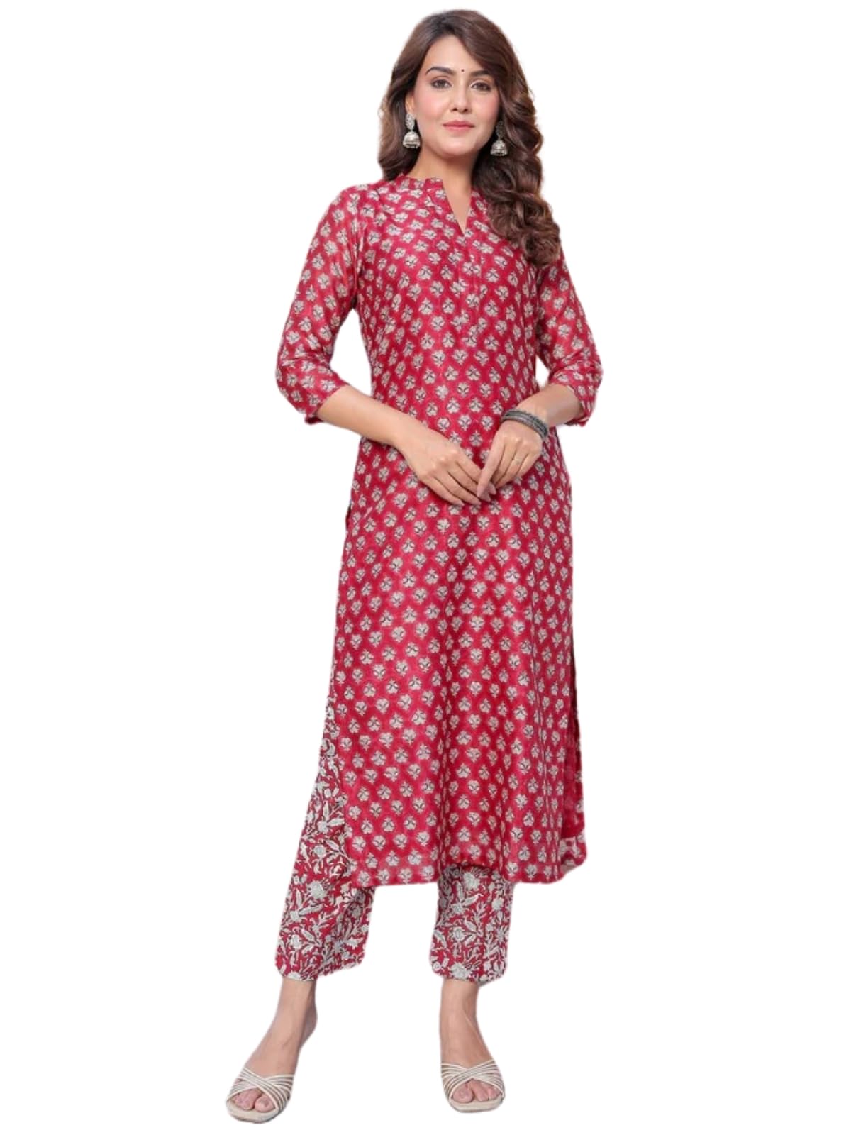 Greciilooks Women Cotton Blend Casual Regular Fit Kurta Set (Red, Large)