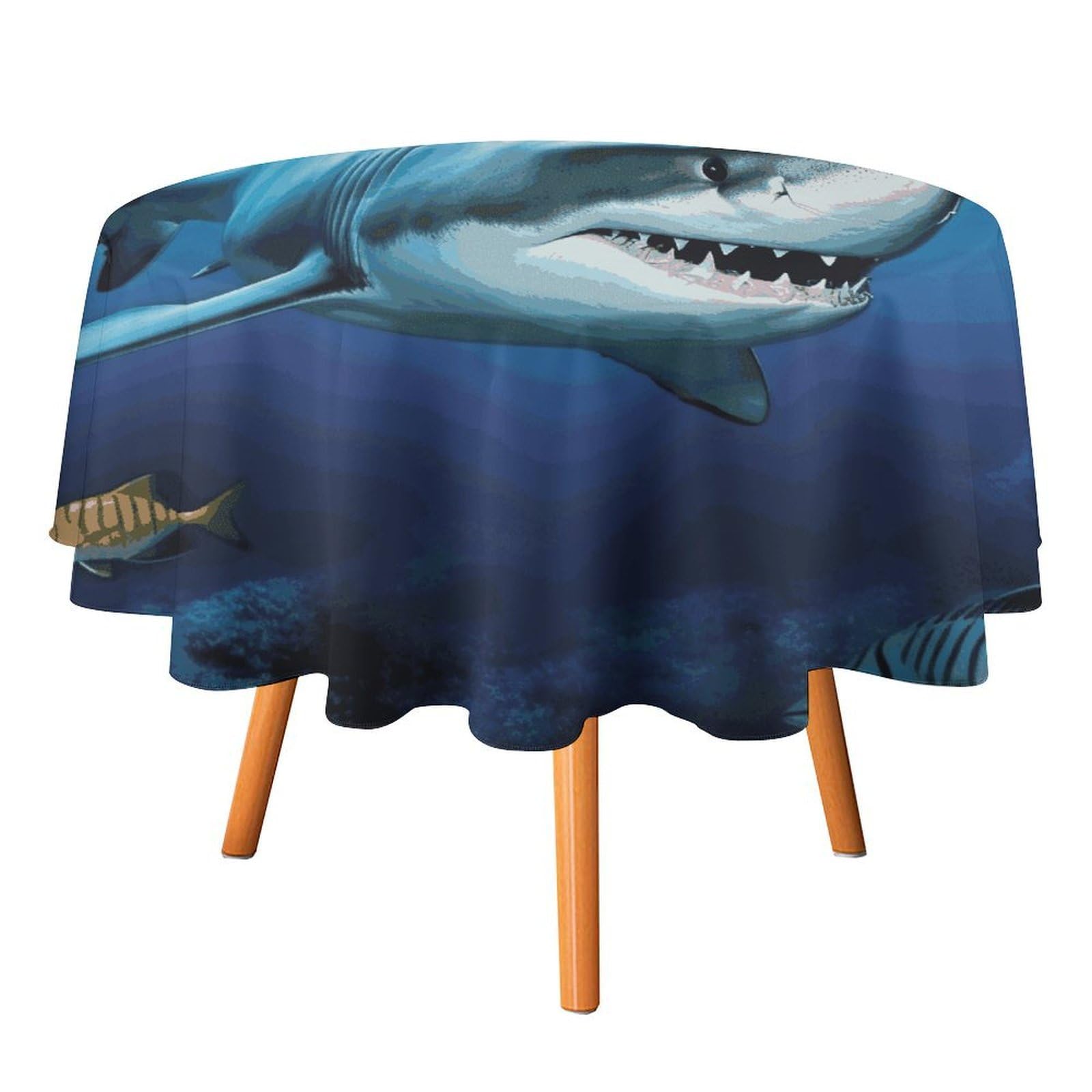 Fekiloot Style Great White Fish Round Tablecloth - Heavy Duty And Washable,Polyester Decorative Fabric Table Cover,Tablecloths For Kitchen Dining, Wedding, Birthday Party70x70in