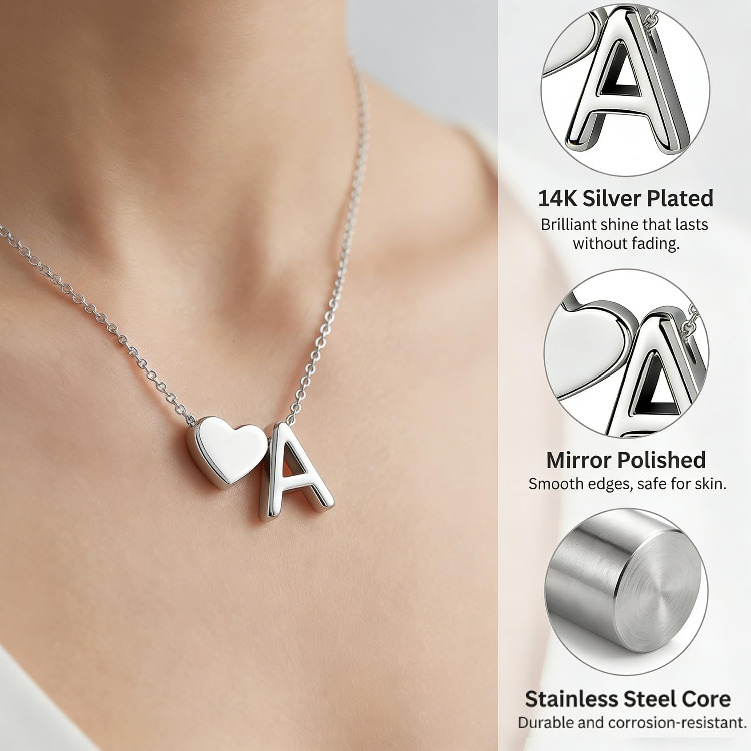 WIGERLON 18K Silver Plated Heart Initial Necklace - Personalized A-Z Letter Dainty Pendant for Women, Valentine's Day, Birthday Gift for Girlfriend, Wife, Daughter 5-10 Year Old - Image 5