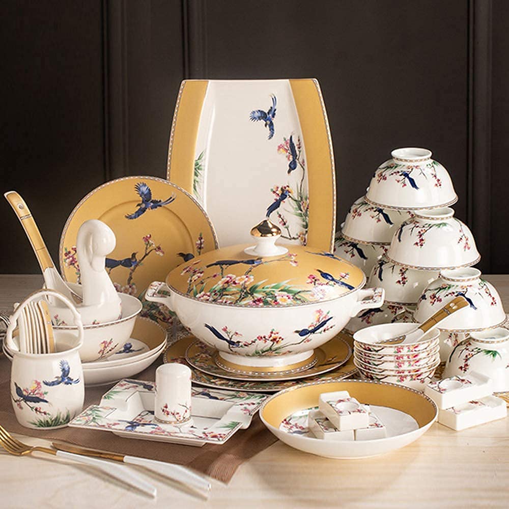 Ceramics Dinnerware Set, 60 Pcs Bowl/Dish/Soup Pot/Bone China Dinner Sets Craft Pattern Porcelain Combination Set