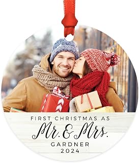 Andaz Press Photo Personalized Metal Christmas Ornament, Wedding, First Christmas As Mr. And Mrs. 2024, Light Rustic Wood, 1-Pack, Custom Bride Groom Name Date Personalized Wedding Christmas Ornaments
