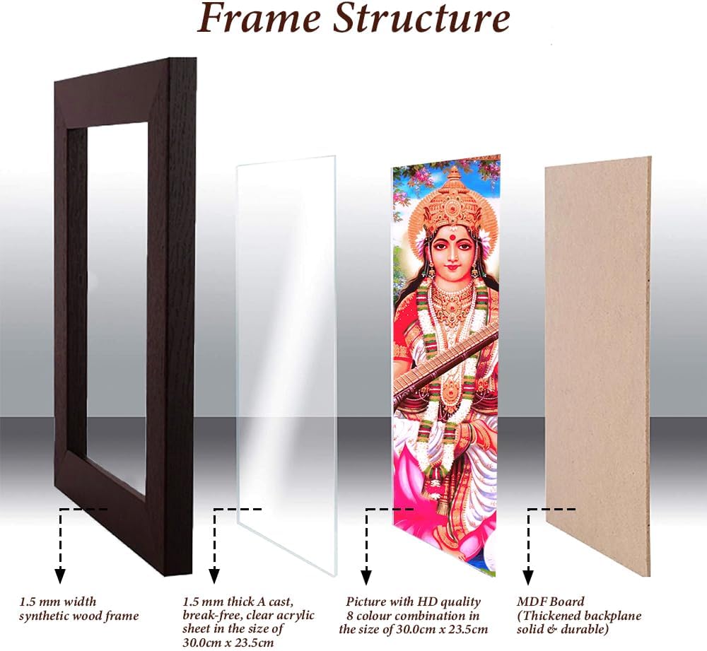SANVIKA Saraswati Poster Frame Wall Art – Goddess Saraswati with Veena & Swan, 12" x 9", Hindu Religious Home & Office Décor, Living Room Wall Decoration (223-21)