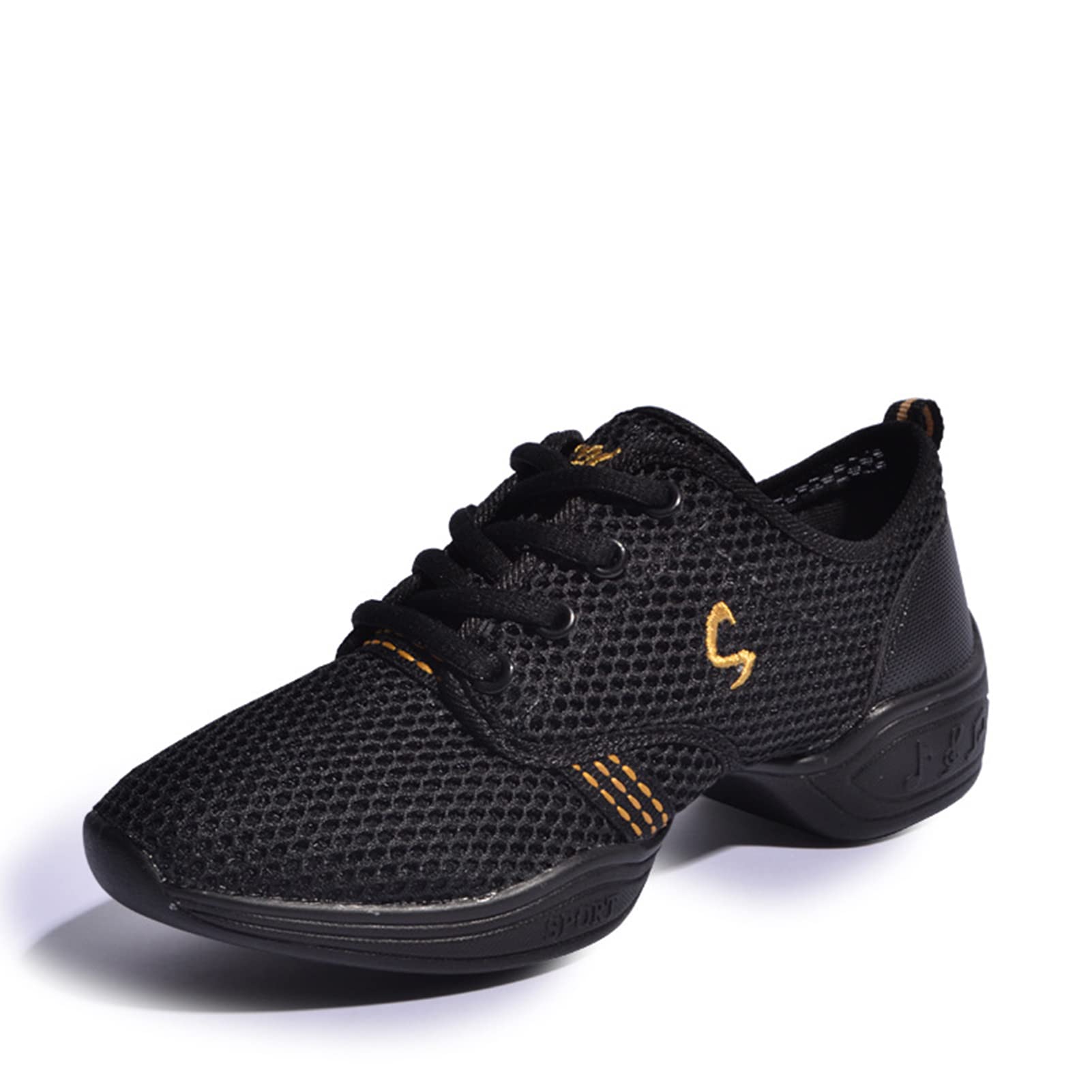 Uhclrr Women's Dance Shoes Soft Outsole Woman Mesh Breathable Jazz Hip Hop Sports Sneakers Ladies Girl's Modern Jazz Dancing Shoes(38EU, Black Gold)