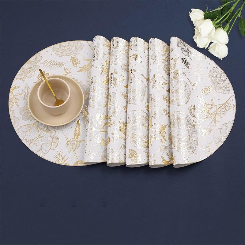 Gold Stamping Placemat Heat Insulation Table Mat Waterproof Oil Round Flower Western Placemat(D)