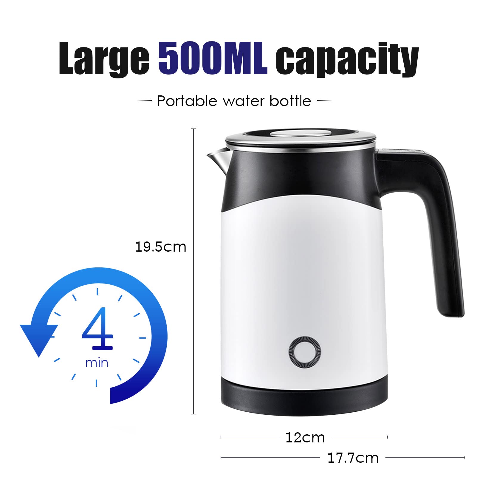 Bollitore elettrico portatile da viaggio, con riscaldatore veloce da 4 minuti, 0,5 l, Tat e controller/bianco/bianco