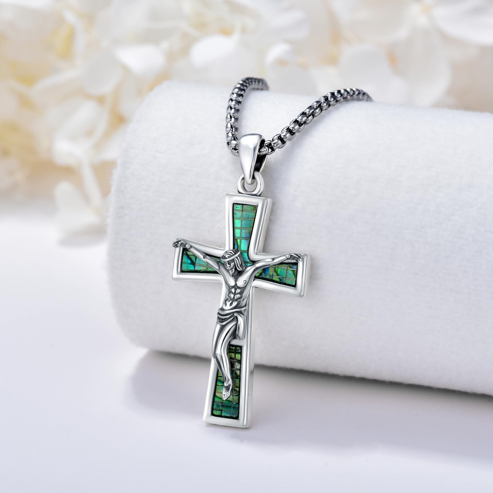 Kreuz Halskette für Männer Frauen 925 Sterling Silber Kruzifix Jesús Kreuz Anhänger Saint Amulett Halskette Abalone Conschelkreuz Religiöser Schmuck Geschenke22 +2 Zoll Edelstahlkette, 37 mm,