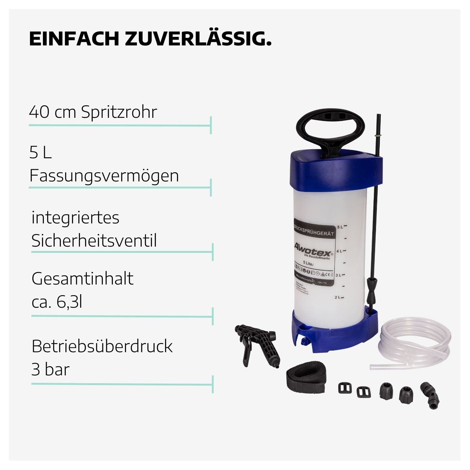 Drucksprühgerät 5 L I Drucksprüher für Schalöl, Pflanzen-Schutzmittel & Restfaserbindemittel I Pump-Sprühflasche mit 40 cm Spritzrohr I Drucksprüher säurebeständig