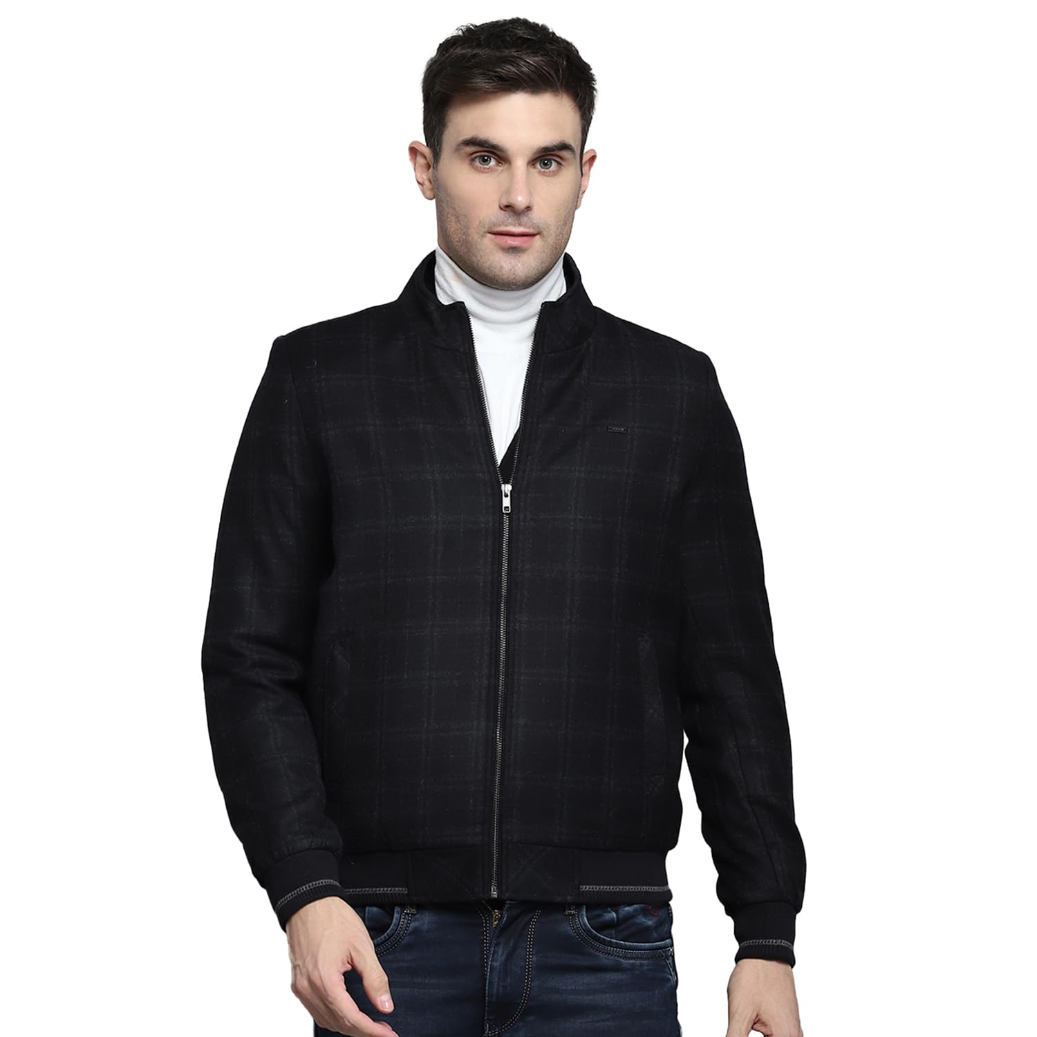 monte carlo Mens Check Black Mock Neck Full Sleeves Jacket-picture-12