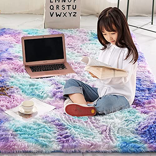 Shaggy Area Rugs, Kids Rugs For Bedroom Girls, Soft Fluffy Colorful Rainbow Kids Rugs For Girls Bedroom Tie Dye Area Rug Purple Rugs For Kids Bedroom Non Slip Rectangle Shag Fuzzy Carpet #TOP4
