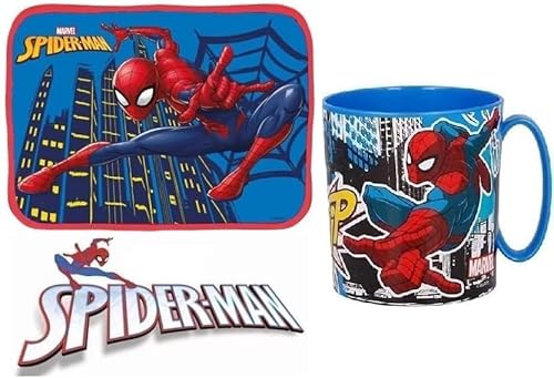 ILS I LOVE SHOPPING Ensemble de 2 pièces pour petit-déjeuner avec set de table pliable et souple et tasse de 350 ml pour micro-ondes (Spiderman)