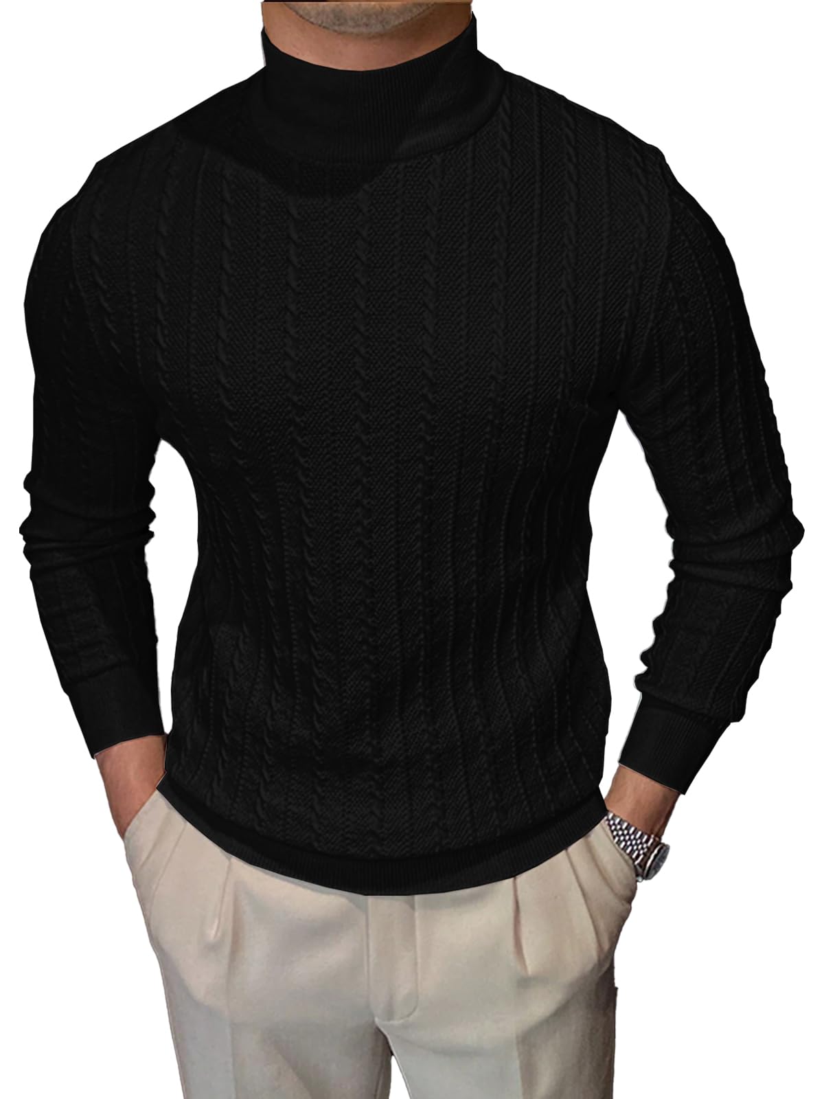 iudam Herren Rollkragenpullover Langarmshirt Cable Knit Slim Fit Pullover High Roll Neck Tops Basic Strickpullover Sweater Männer