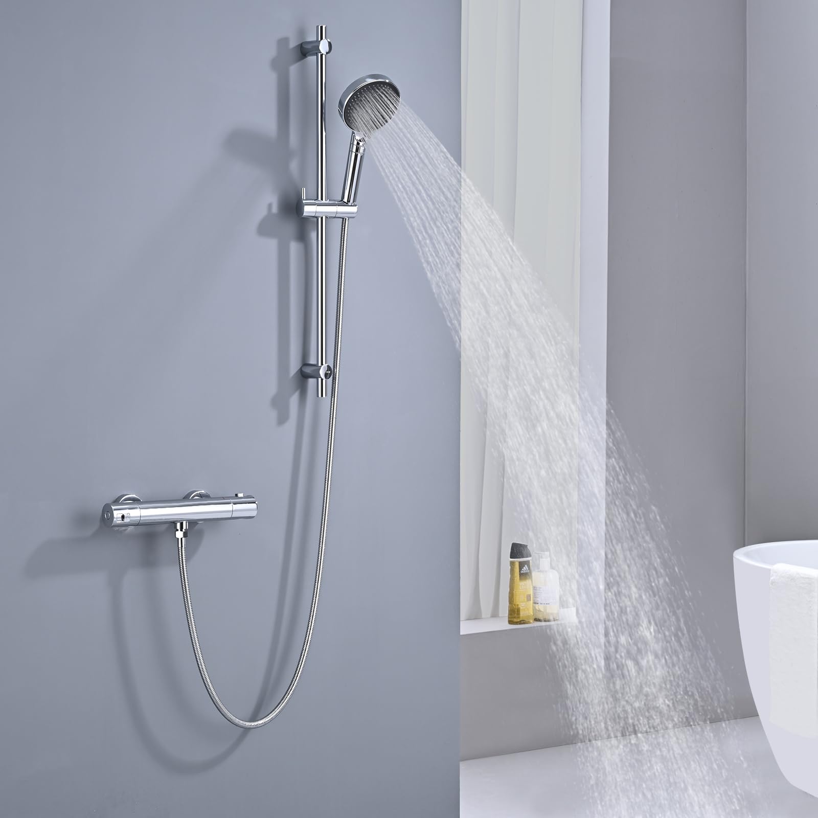 Columna de Ducha 90cm con 3 Funciones Alcachofa de Mano, Soporte de Alcachofa de Ducha Ajustable y Manguera Flexible 1,5m, Barra de Ducha sin Mezclador, Acero Inoxidable 304, Cromo