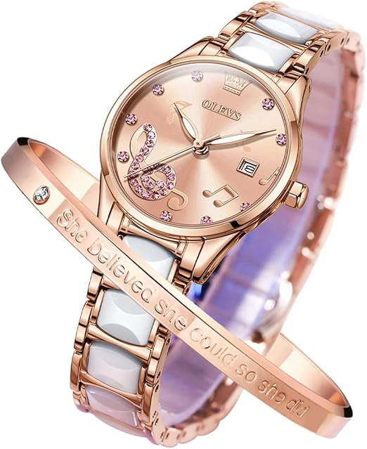 Amazon Olevs 腕時計 レディース ピンク かわいい 人気 防水 夜光 とけい ローズゴールド 日本ムーブメント ブレスレット付き セラミック 見やすい 日付 レディース腕時計 腕時計 通販