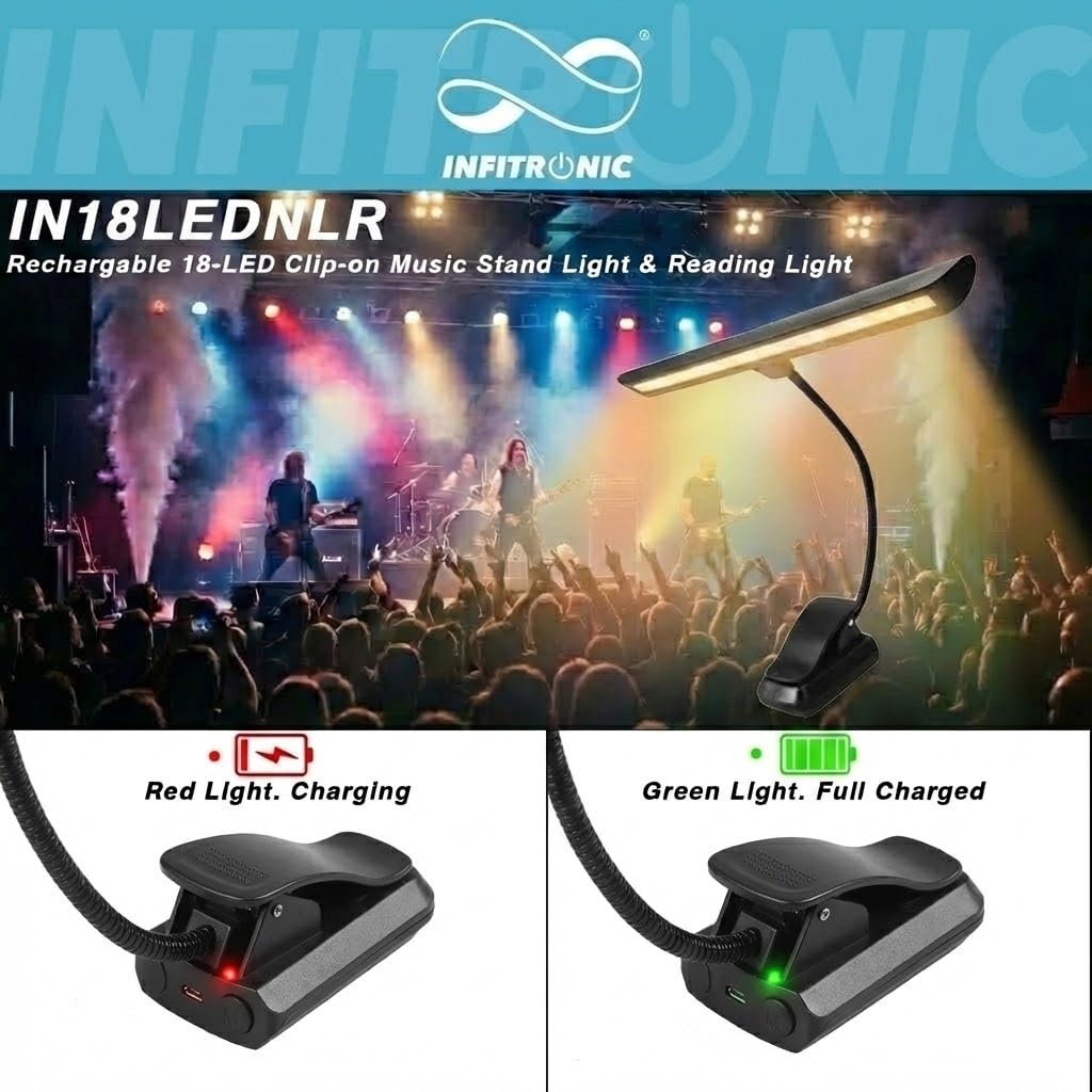 Infitronic IN18LEDNLR - 18 LEDs Recargables Partituras/Lámpara de Piano/Lámpara de lectura/Pinza Regulable 2 Modos de Color Negro