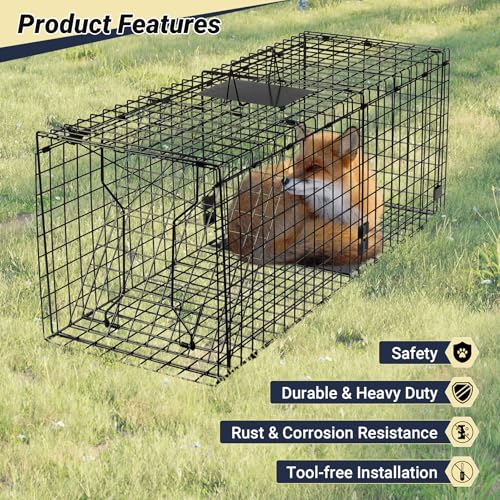 Humane Large Animal Trap Black 42 x 15.7 x 17.7 inch, Easy to Set & Release Animal Trap Cage, Collapsible Live Traps for Dogs, Raccoons, Foxes, Coyotes