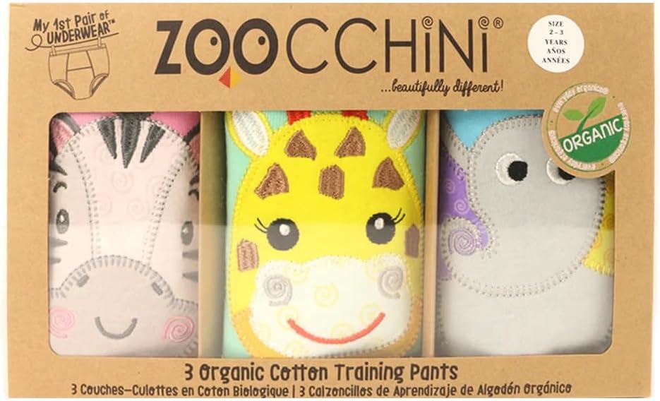 ZOOCCHINI Toddler 3-Pack Potty Training Pants - Soft Organic Cotton Underwear with Absorbent Padding and Fun Designs, Zoo Friends, 2T-3T