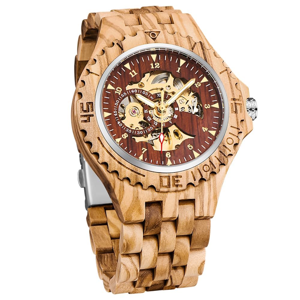 Tiong Orologi meccanici in legno da uomo scheletro numeri romani carica automatica Orologio in legno leggero per uomini Orologio da polso, Fbm-mw1090-marrone rosso, Gotico