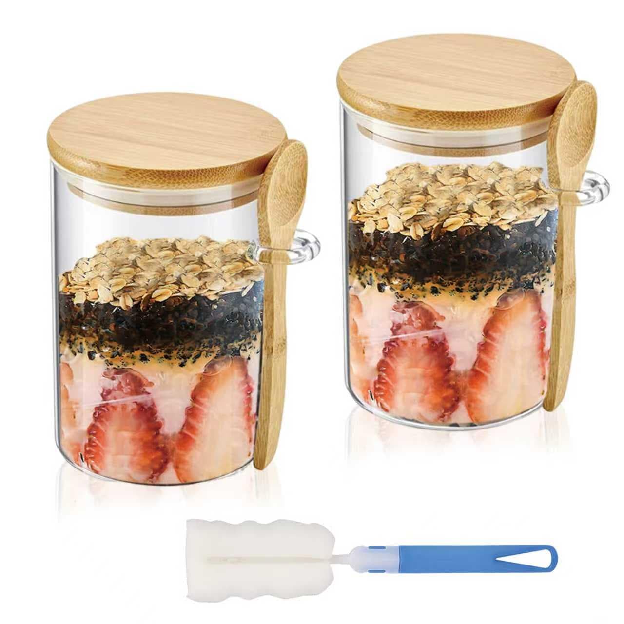 Dyuee Transparent 2 Pack Overnight Oats Containers With Wooden Lids And Spoon, 16Oz Oatmeal Cups For Oatmeal, Chia Pudding, Yogurt, Salad, Cereal