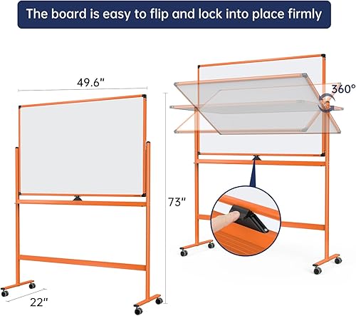 Miniatura 9 de Pizarra blanca magnética grande de borrado en seco  48 x 32 pulgadas, pizarra blanca de ajuste de altura de doble cara, caballete portátil móvil
