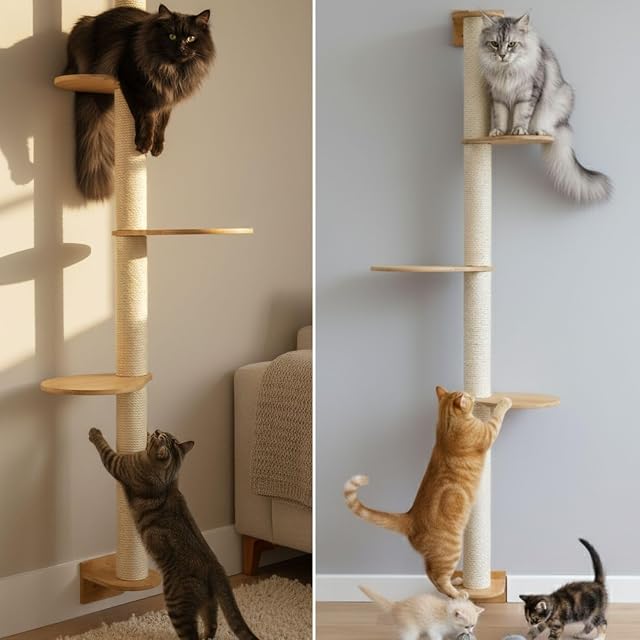 Foto 6 de 8 de eyepower 175 cm Rascador de Pared Luna con 3 Plataformas de Bambú - Árbol para Gatos con Estanteria