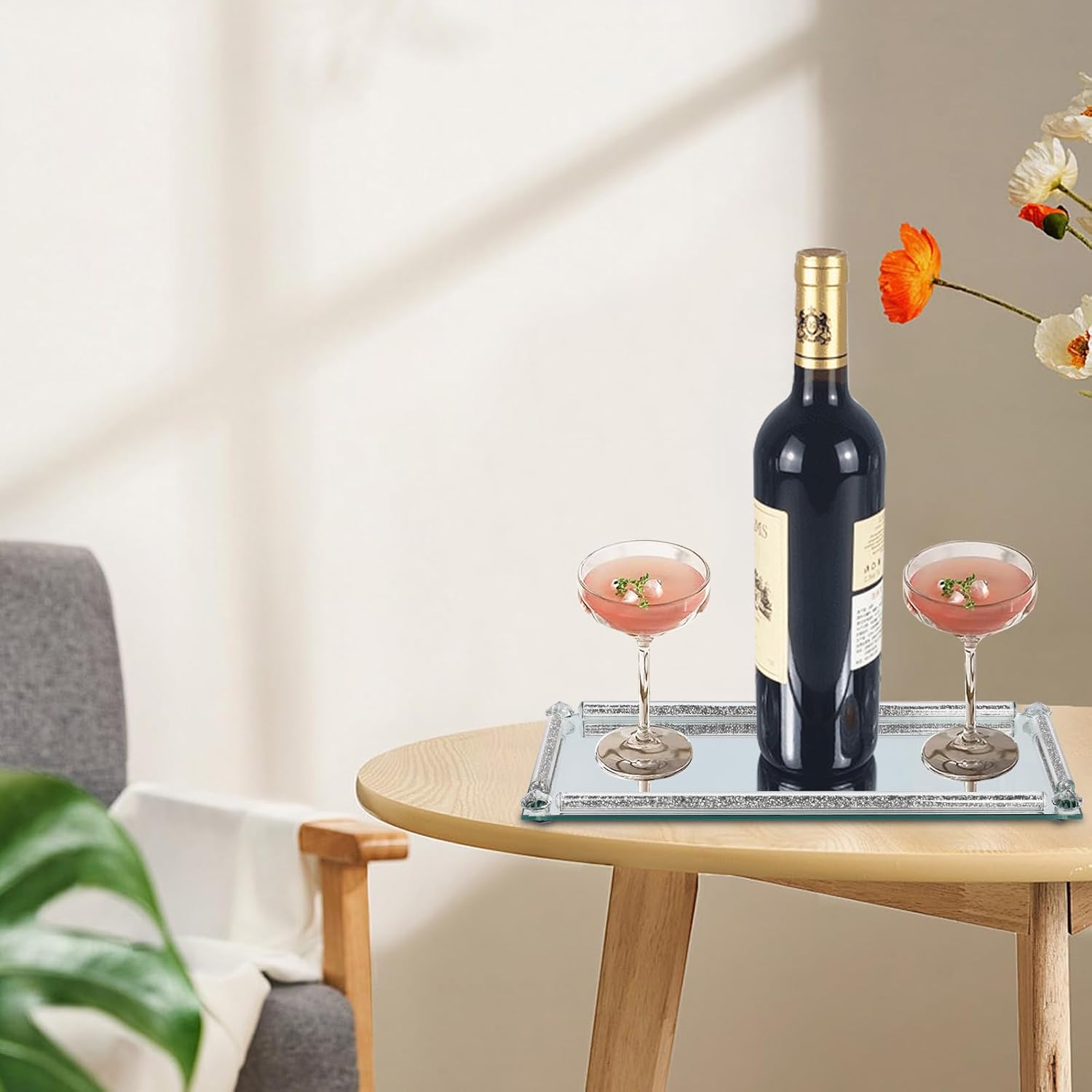 Silver Mirror Perfume Tray for Dresser,Crushed Diamond Filled Glass Vanity Tray,Decorative Bathroom Tray,Crystal Tray for Home Decorative,Party,Hotel Banquet,13.8''x5.9''x1'',Silver