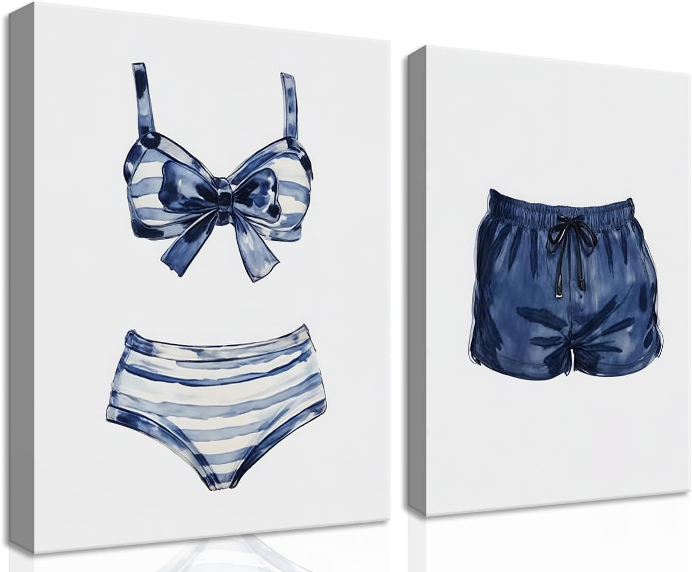 Blue White Swimsuit Canvas Wall Art, Beach House Wall Decor, Vintage Painted Swimsuit Artwork, Coastal Lake House Picture Painting Print for Girls Room Bedroom 12x16 inch Framed