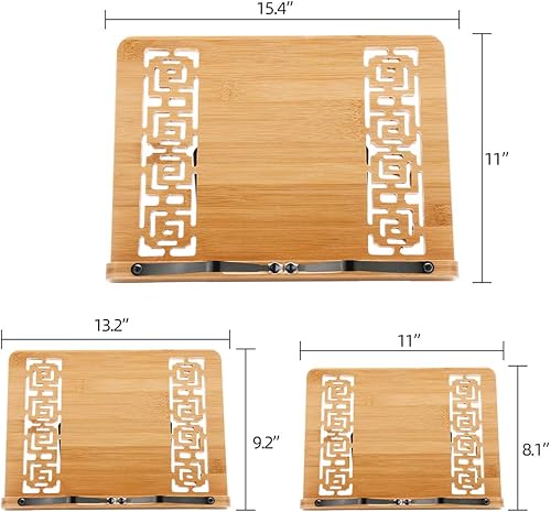 Miniatura 7 de Soporte para libros de bambú XL de tamaño grande, soporte para libros de cocina, escritorio de lectura con 5 alturas ajustables, bandeja plegable y