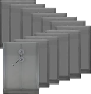 12 Pack Plastic Folders for Documents - Grey, File Folders with Snap Closure & String Tie, Clear Envelopes for Documents, Reusable Clear File Folders Plastic File Bag Poly Filling Envelopes, A4 Size