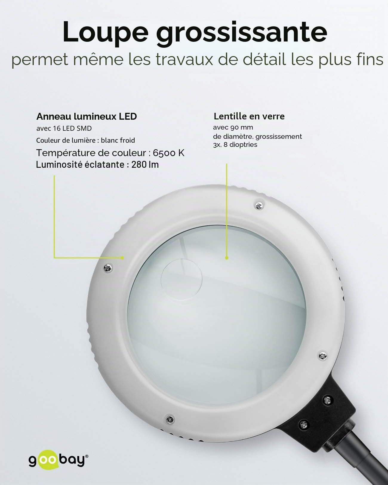 Fixpoint goobay 45241 Aide au soudage avec lampe LED/Pince crocodile col de cygne Loupe avec lampe LED/loupe grossissante 3x / support de fer à souder intégré, éponge et laine de nettoyage / 1 pièce