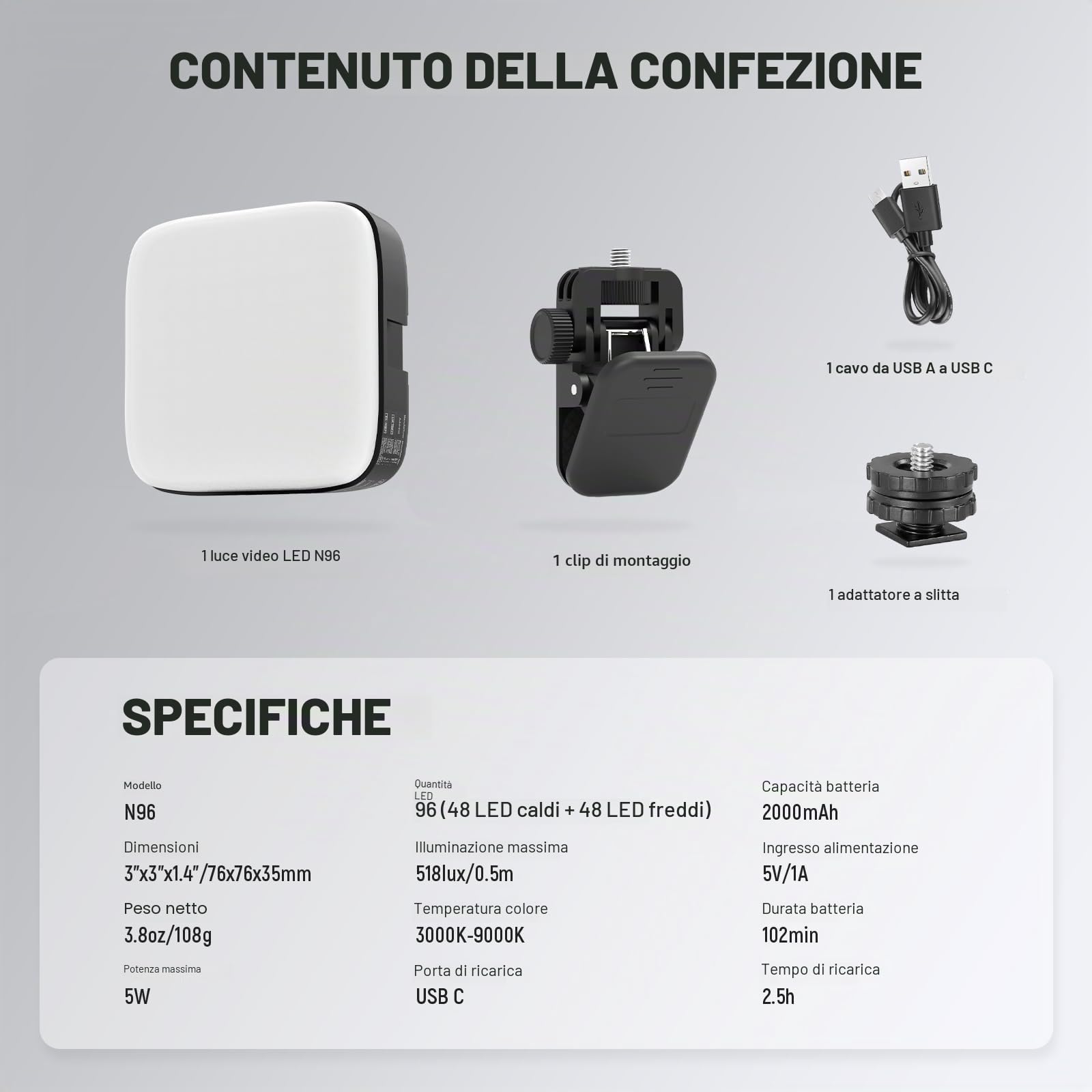NEEWER ENTRY LEVEL VERSION Luce LED Magnetica per Fotocamera, Piccolo Pannello Luce Bicolore con Clip 96 LED, 2000mAh 3000-9000K CRI80+, 3 Cold Shoe Filettatura 1/4" per Treppiede Video Selfie, N96