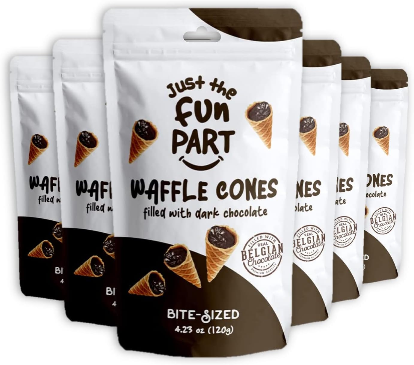 Bite-Size Crispy Mini Waffle Cones with Premium Belgian Chocolate, Great for Snacks, Dessert, Grab & Go - Kosher, Dark Chocolate (Pack of 6)