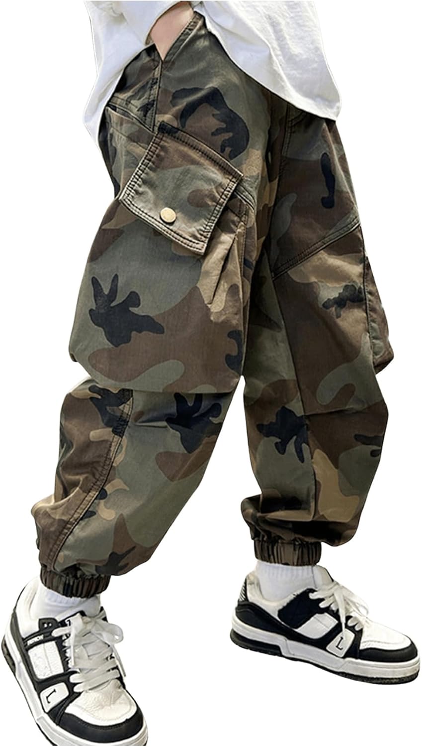 GORGLITTER Boy's Camo Cargo Pants Joggers Baggy Fall Elastic Waist Wide Led Casual Hunting Pants with Pockets 2025