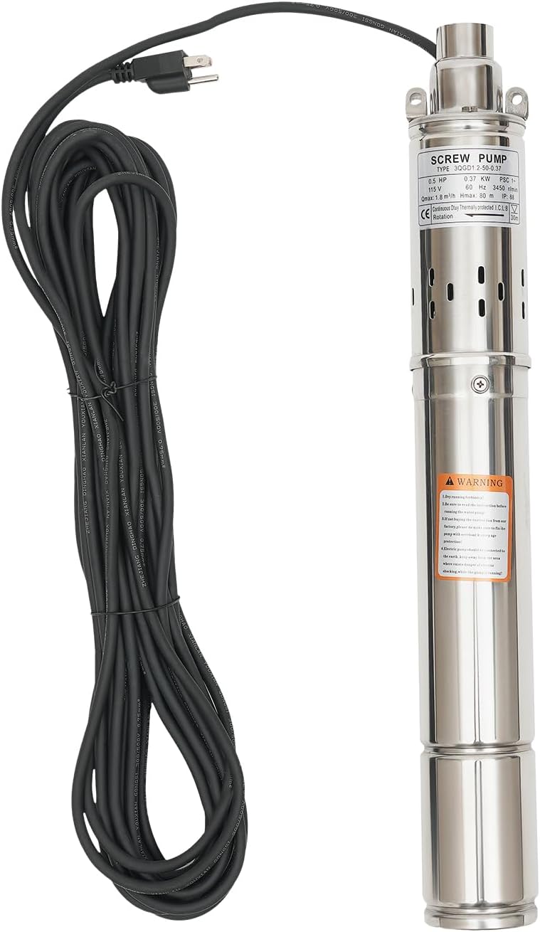 3" Deep Submersible Well Pump,0.5HP 370W Stainless Steel Water Pump with 49ft Cable,115V/60HZ,262ft Lift,Cistern Bottom Suction Pump for Home,Industrial,Agricultural Irrigation