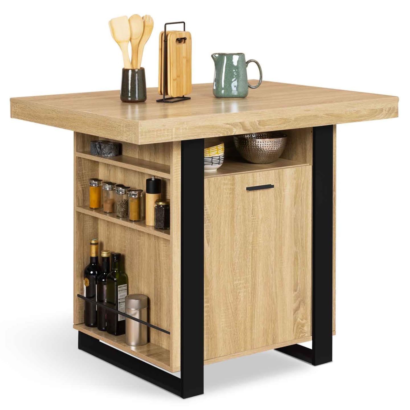 IDMarket - Ilot central PHOENIX 110 cm bois et noir avec rangements