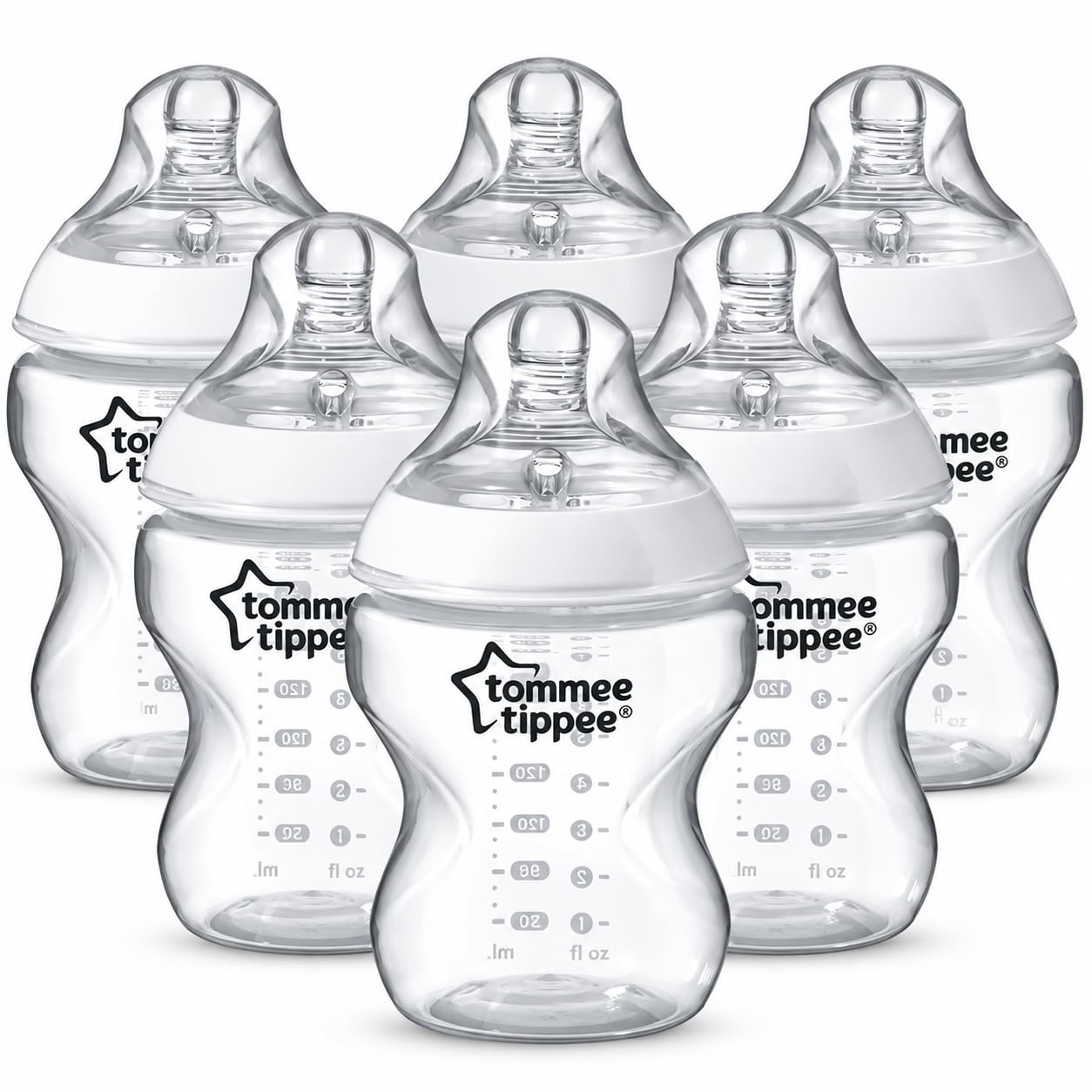 Tommee Tippee Closer to Nature® Baby Bottles, Breast-Like Teat with Anti-Colic Valve, 260ml, Pack of 6, Clear