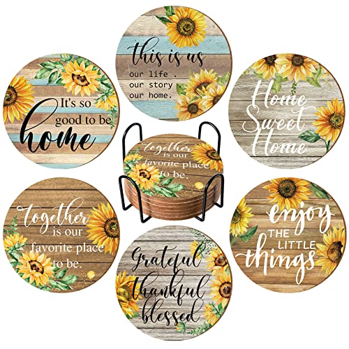 Chengu 6 Pieces Sunflower Drink Coasters with Holder Absorbent, Wood
