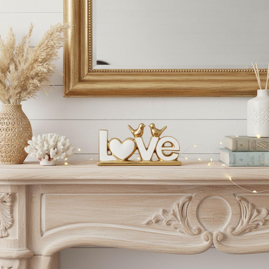 Ceramic LOVE Letter Decor with Bird Statues,Modern White Gold Sculpture Optimized for TV Stand & Floating Shelf,Sophisticated Tabletop Ornament,Romantic Anniversary & Wedding Gift for Couples (White)