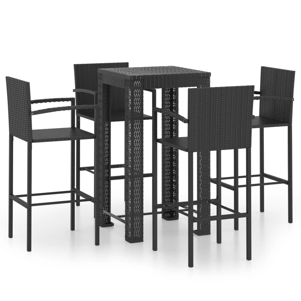 5-częściowy zestaw barów ogrodowych, polirattan, czarny, z podłokietnikami, meble do jadalni na taras, 60,5 x 60,5 x 110,5 cm, 4 krzesła, wytrzymały