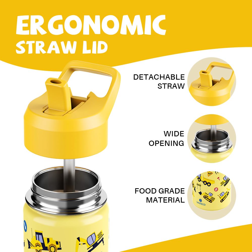 SANTECO Borraccia Bambini Acciaio Inox, Senza BPA, 380ml Borraccia Termica a Prova di Perdite con Cannuccia per Scuole, Facile da Pulire