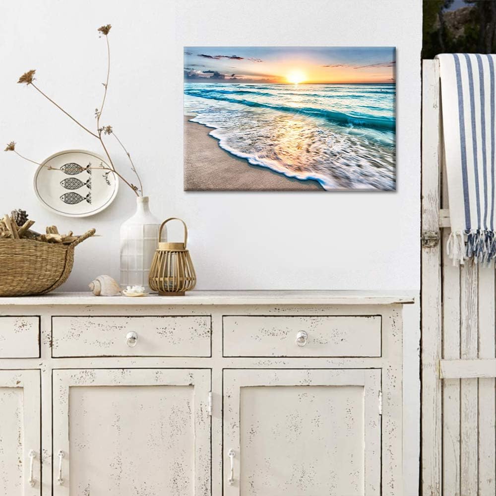 TUMOVO Wall Art for Living Room White Beach Canvas Art Wall Decor Blue Sea Sunset Pictures Print on Canvas Natural Landscape Painting Seascape Modern Artwork Stretched Framed Ready to Hang - 12" x 18" 12 in x 18 in (W x H) Blue,White