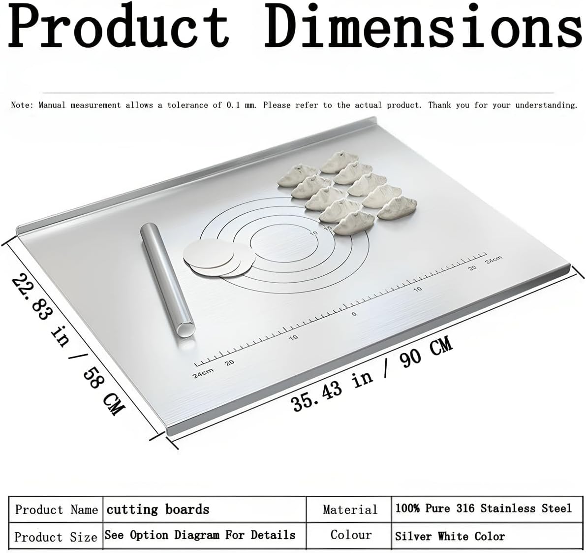 100% Pure 316 Stainless Steel Cutting Boards, Chopping Boards For Kitchens, Large 316 Stainless Steel cutting board with lip. Size Dimensions: Approx. 35.43 in L × 22.83 in W × 0.079 in Thickness