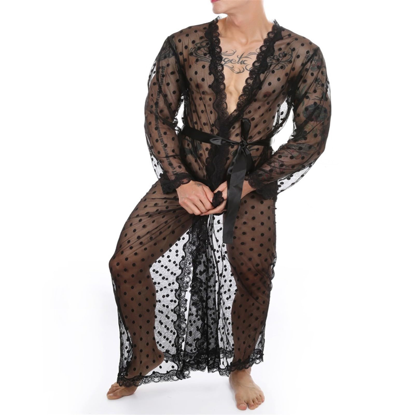 Albornoz de encaje largo masculino con apertura transparente transpirable 6